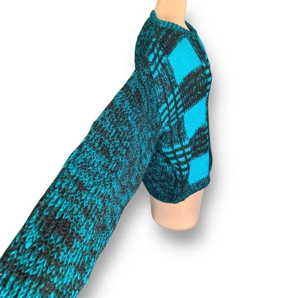Vintage Street Scene Teal Black Checkered Plaid Loose Knit Pullover Sweater